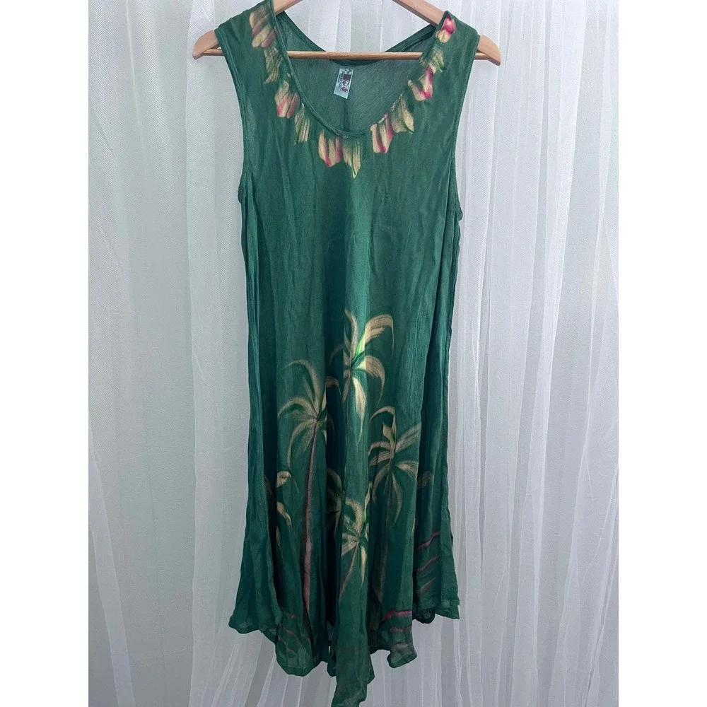 India Boutique Green Palm Tree Hand Painted Rayon Sleeveless Dress Free‎ Size